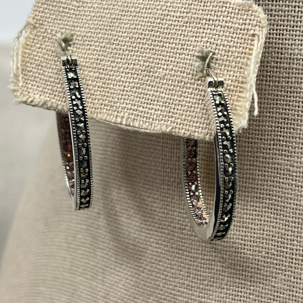 Vintage Suspicion 925 Sterling Silver Marcasite Hoop Earrings with Purple Gems - Picture 6 of 17